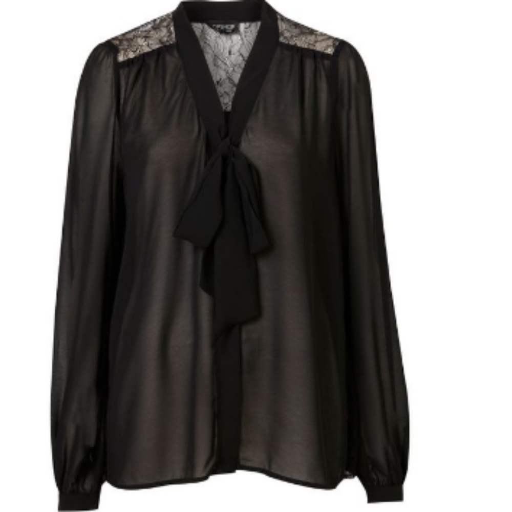 TOPSHOP Black Lace Insert Pussybow Blouse